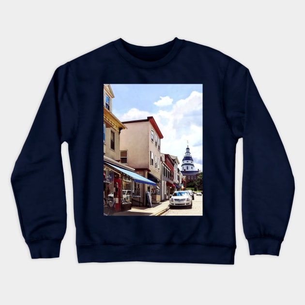 Annapolis MD - Shops on Maryland Avenue and Maryland State House Crewneck Sweatshirt by SusanSavad